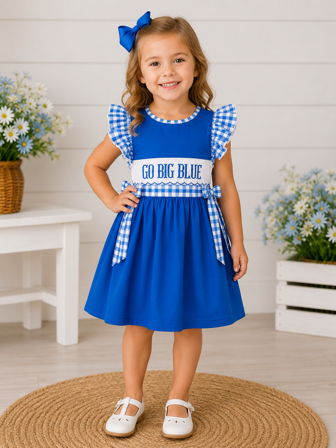 Girls Hand Smocked Go Big Blue Gingham Game Day Dress