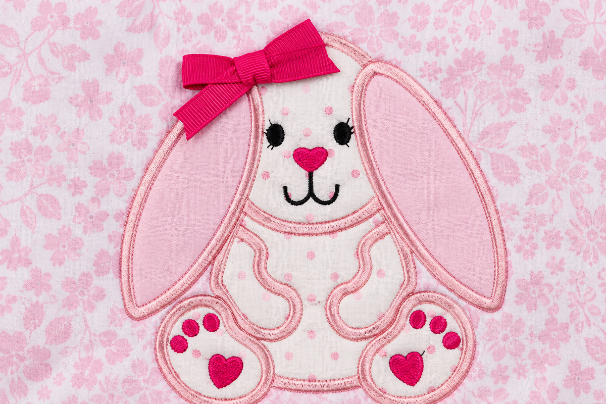 Close-up of pink bunny appliqué with bow and heart paw details on a pink floral girls Easter outfit.
