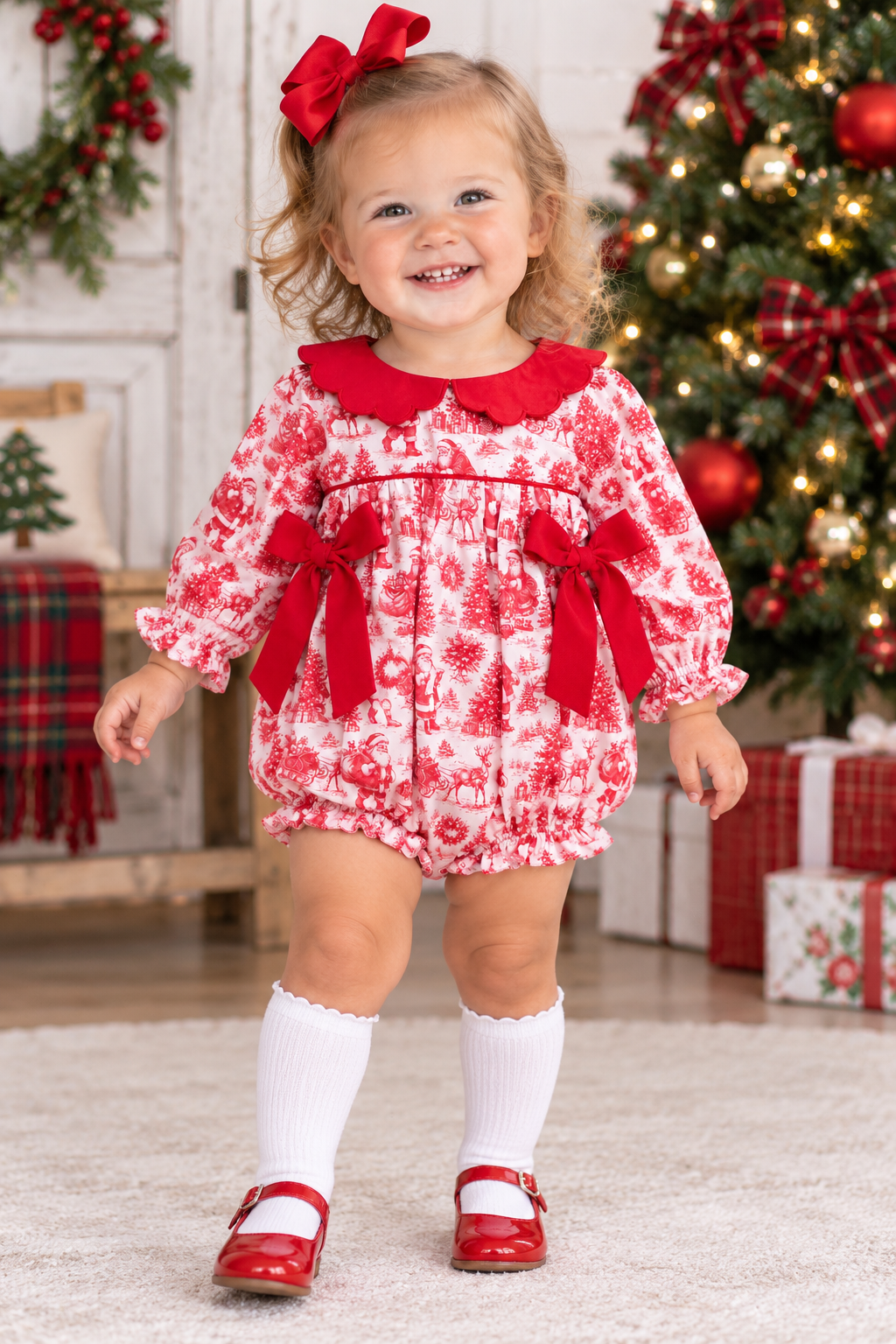 Girls Vintage Santa Christmas Bubble with Red Bows