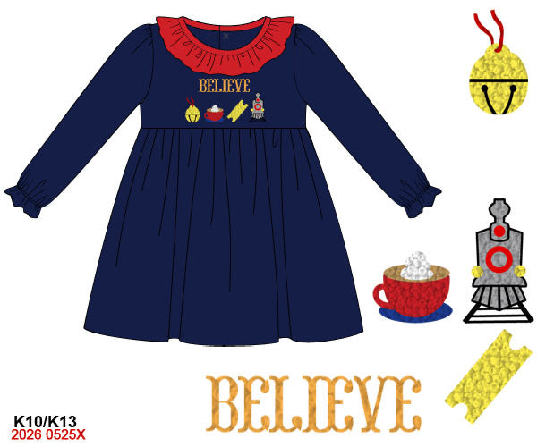 PREORDER-Girl’s Christmas train french knot dress