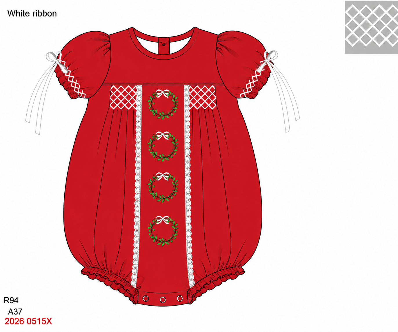 PREORDER-Girl’s Smocked Heirloom Christmas bubble with embroidered wreaths