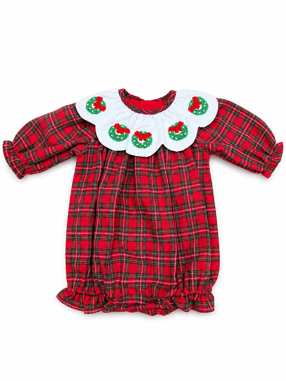 PREORDER-Girl’s Christmas Tartan Plaid long sleeve bubble with embroidered wreaths
