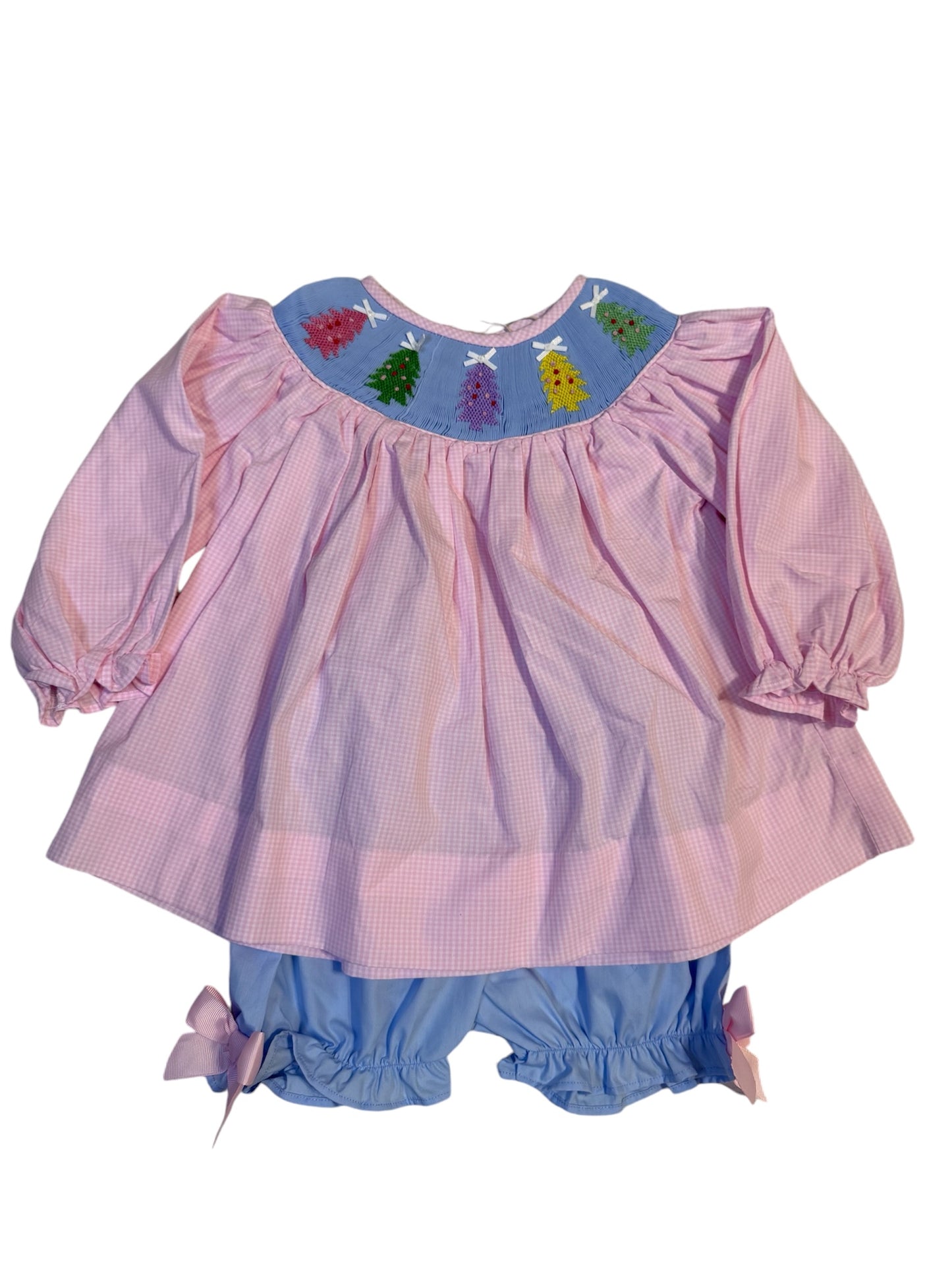 Christmas Hand Smocked Pink Gingham Tree Girls Bloomer Set | Holiday Outfit