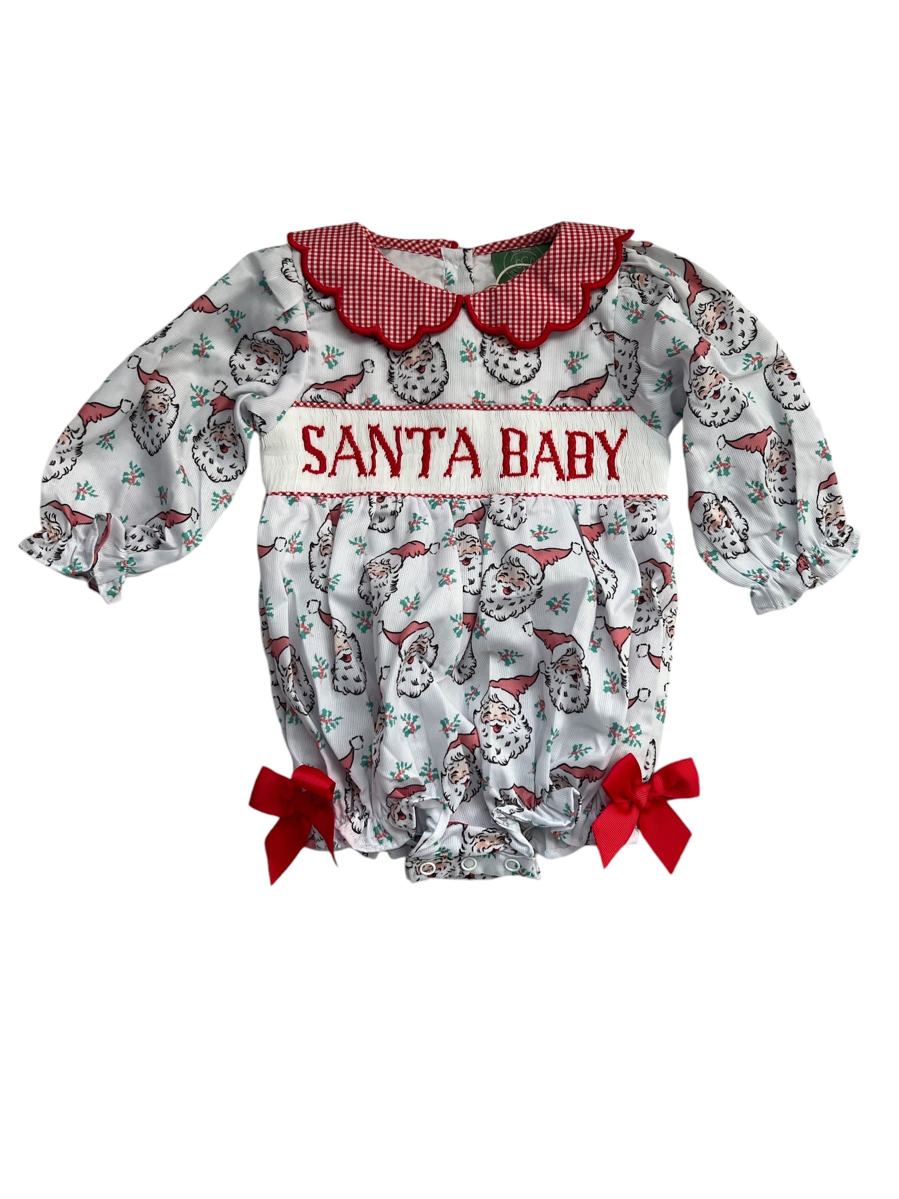 Girls Hand Smocked Santa Baby Christmas Bubble Romper Holiday Outfit