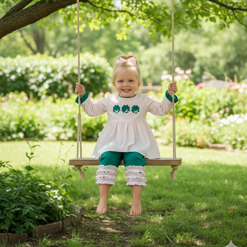 St. Patrick’s Day Clover Appliqué Girls 2-Piece Outfit – Top & Ruffle Leggings