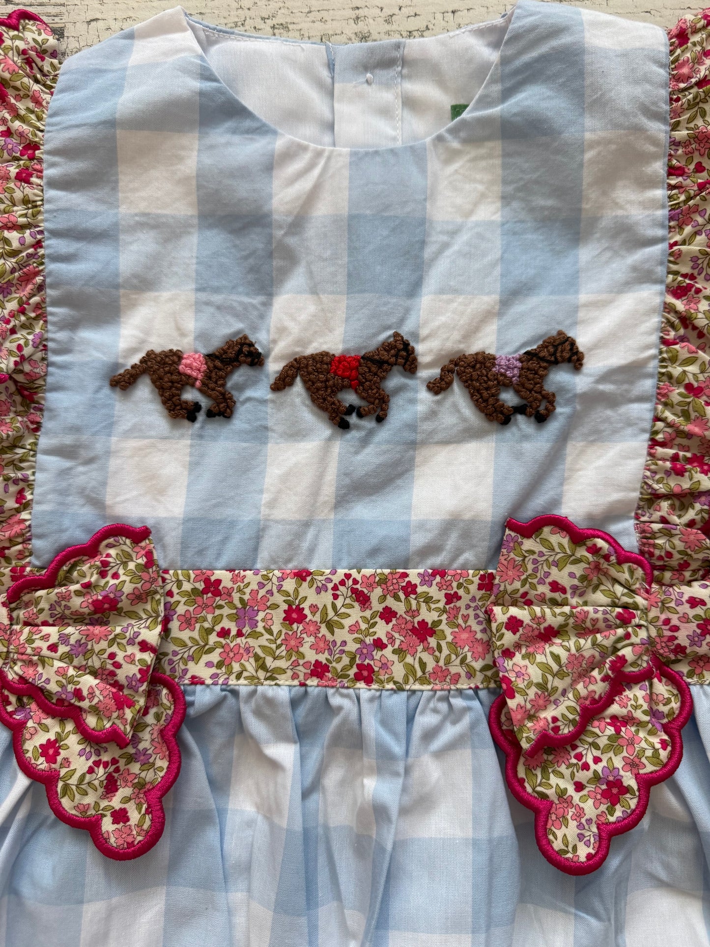 Girls French Knot Horse Derby Bubble – Blue Gingham Horse Racing Smocked Outfit