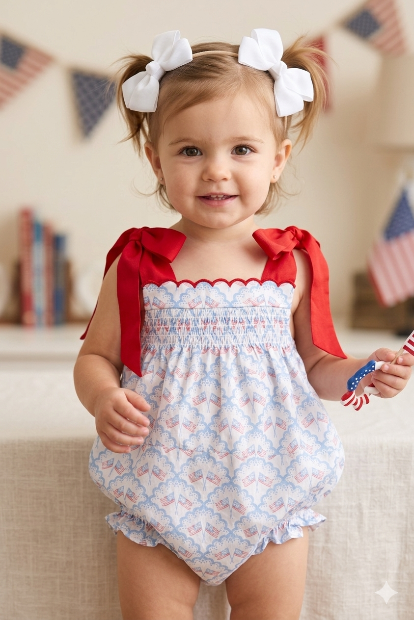 Baby Girl Patriotic Flag Bubble – 4th of July Outfit with Red Bow Straps | Sister Match Available