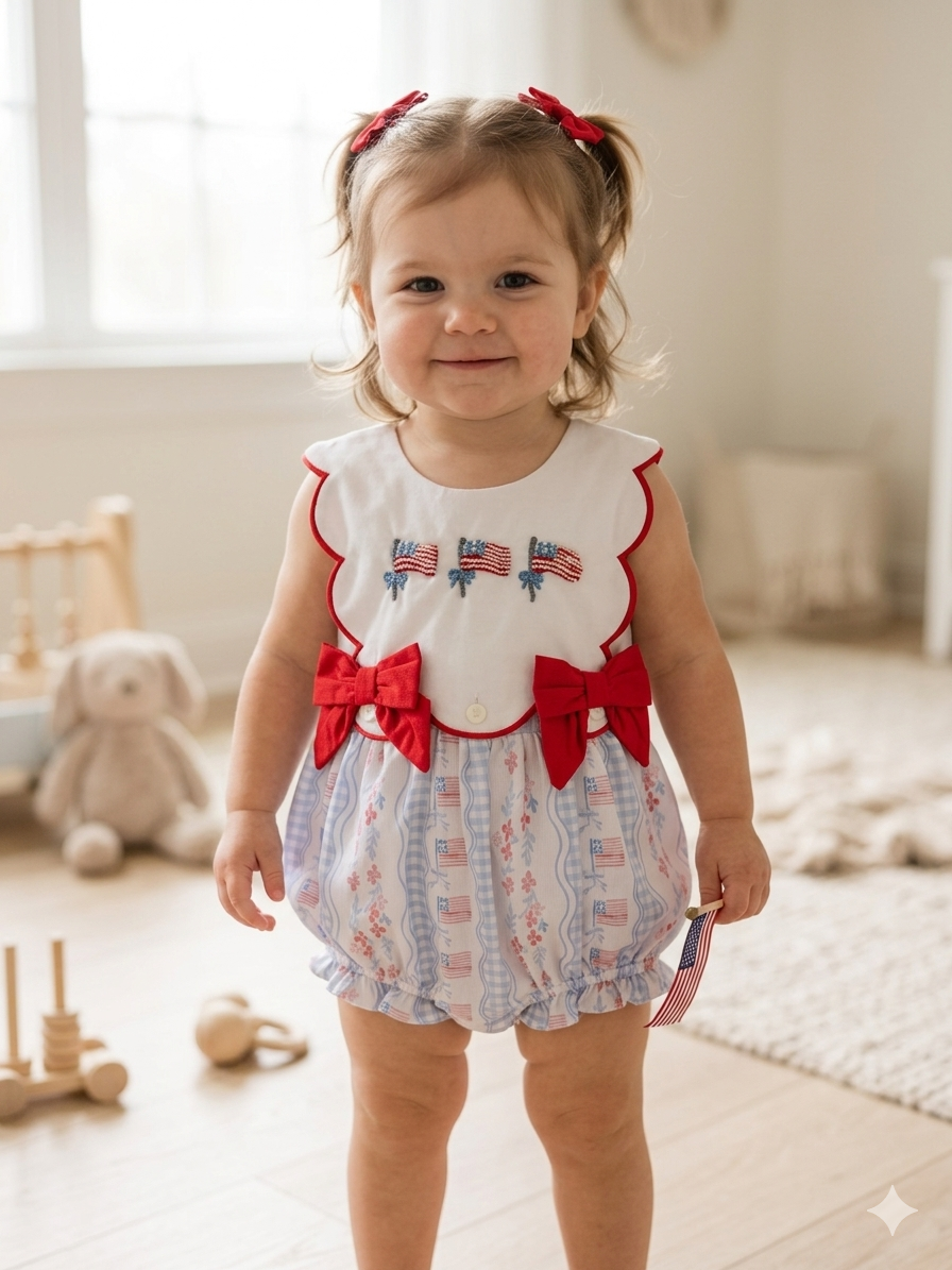 Girls French Knot American Flag Bubble – Patriotic 4th of July Outfit | Sister Dress Available