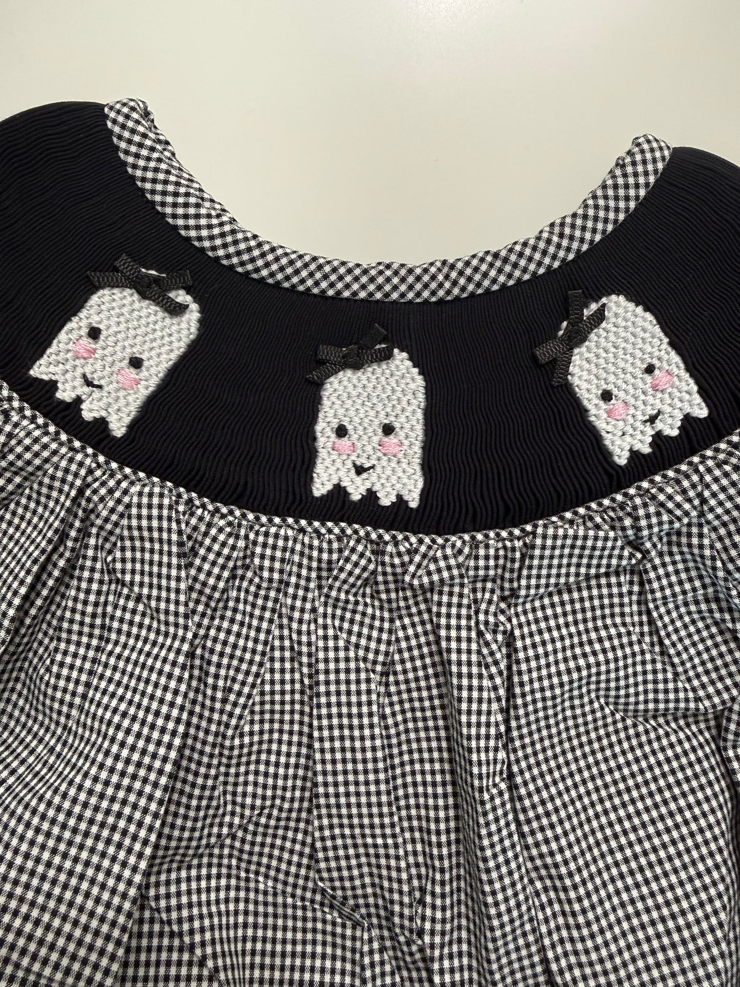 Girls Hand Smocked Ghost Bubble | Black & White Gingham Halloween Romper
