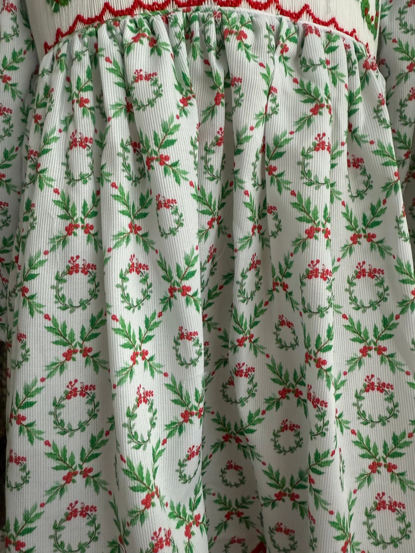 Girl’s Hand Smocked Christmas Wreath Dress with Scalloped Red Collar