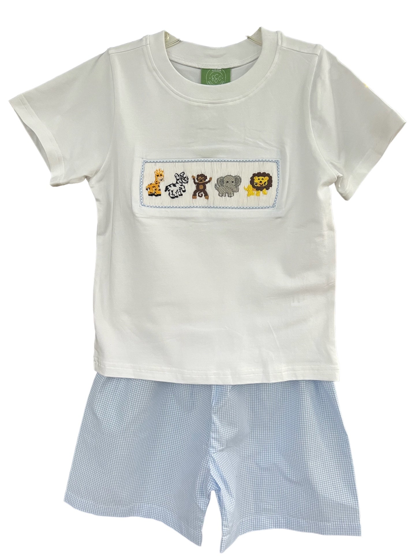 Smocked Zoo Animals Giraffe Zebra Monkey Elephant Lion Boys White Short Sleeve shirt with blue gingham pants elastic waist