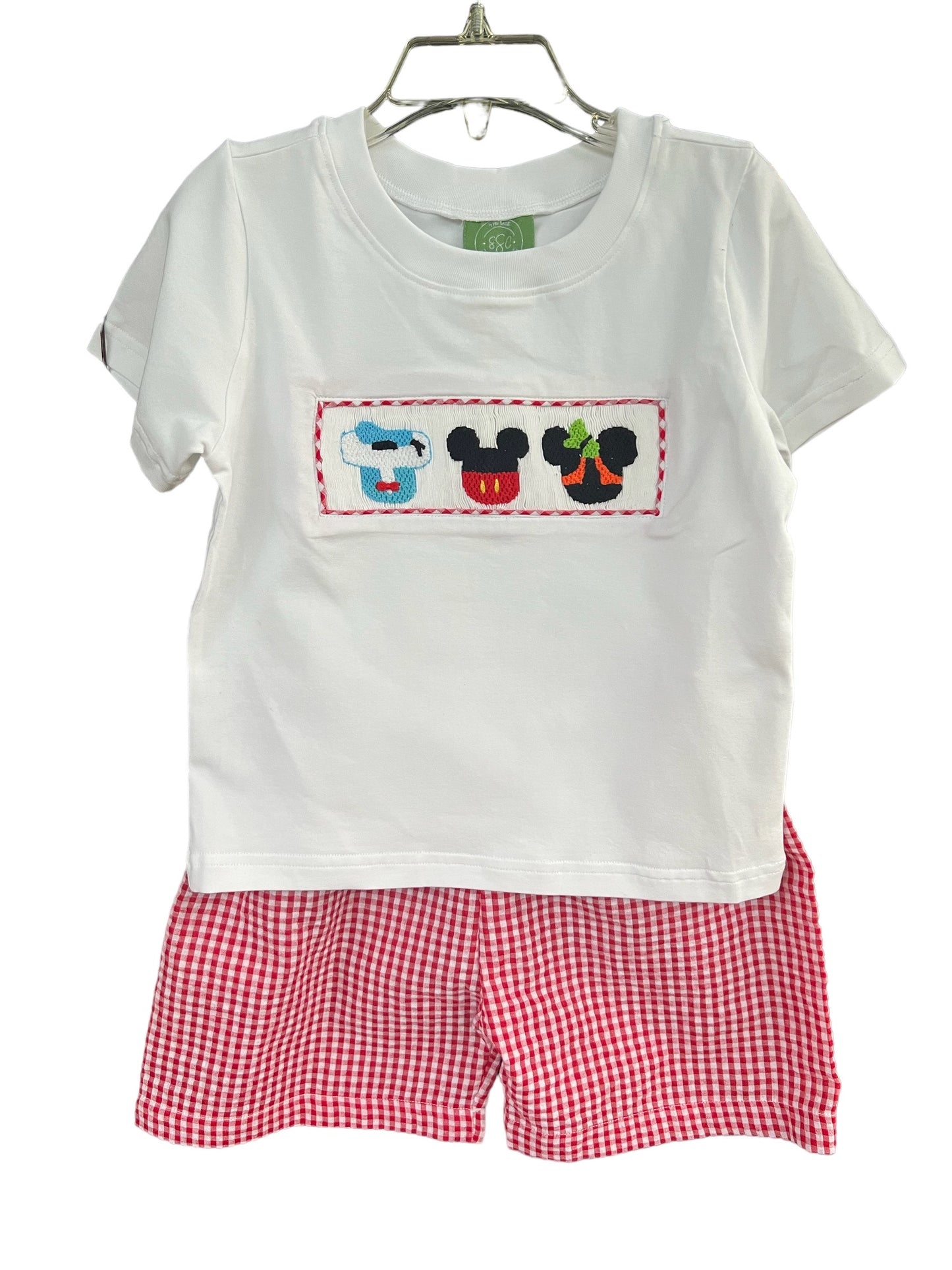 Smocked Character Friends Boys white short sleeve shirt with red & white gingham shorts elastic waist