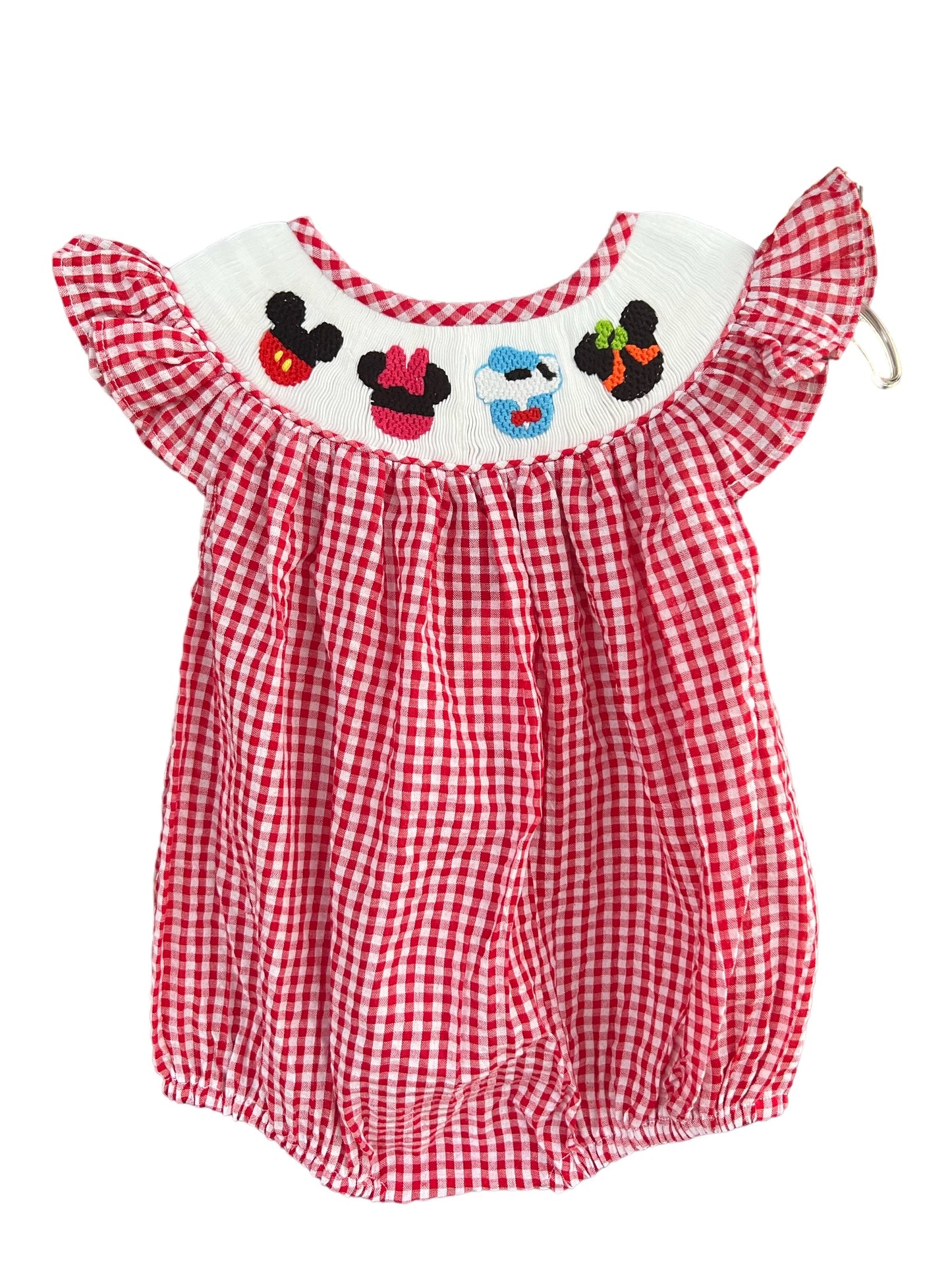Smocked Mouse Character Red & White Gingham Bubble Cap Sleeves Snaps at legs