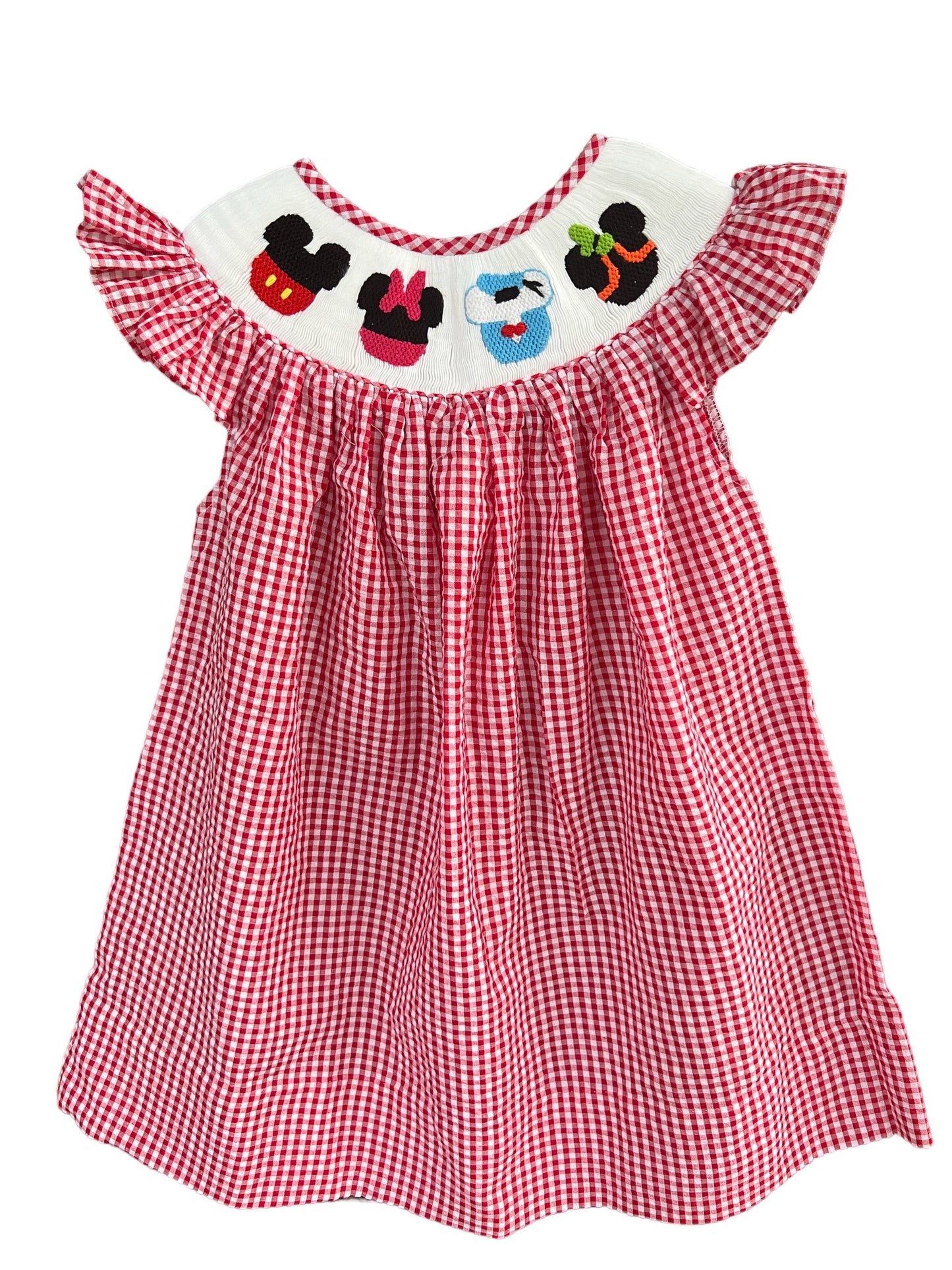 Smocked Mouse Character Red & White Gingham Dress Cap Sleeves