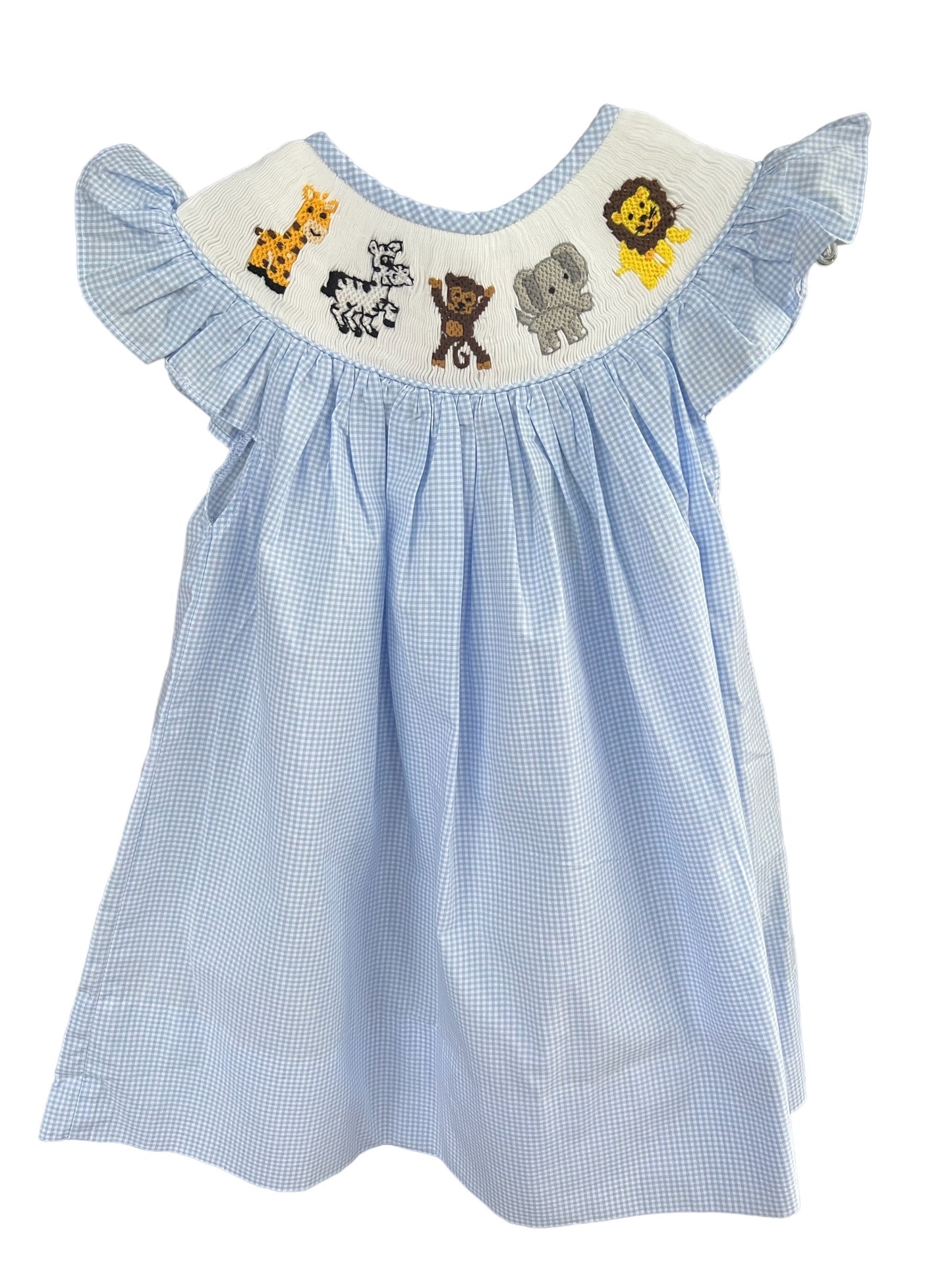 Zoo Animal Giraffe Zebra Monkey Elephant Lion Smocked Light Blue Gingham Dress with cap sleeves