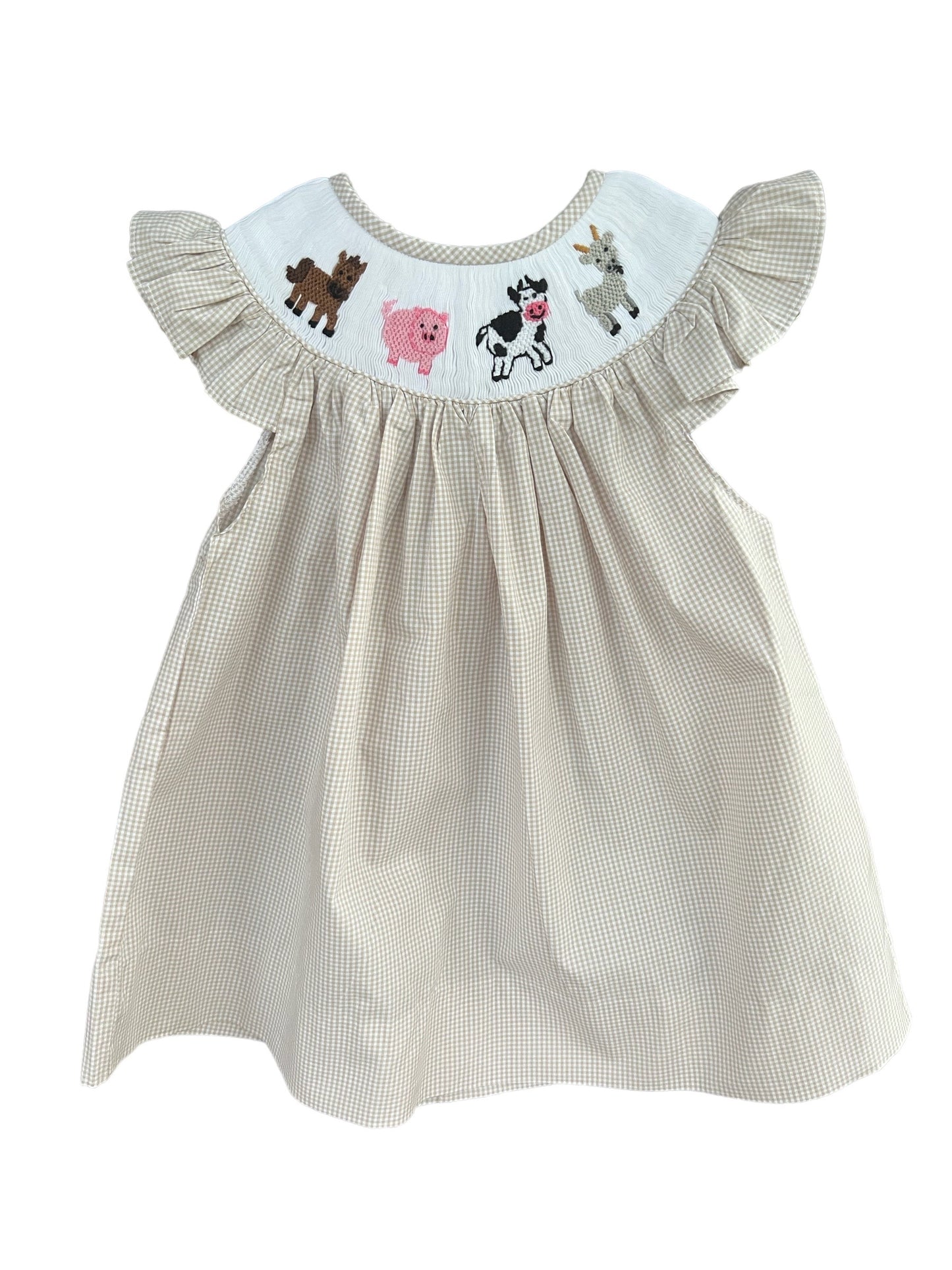 Smocked Girls Farm Animals Horse Pig Cow Goat tan gingham cap sleeve dress