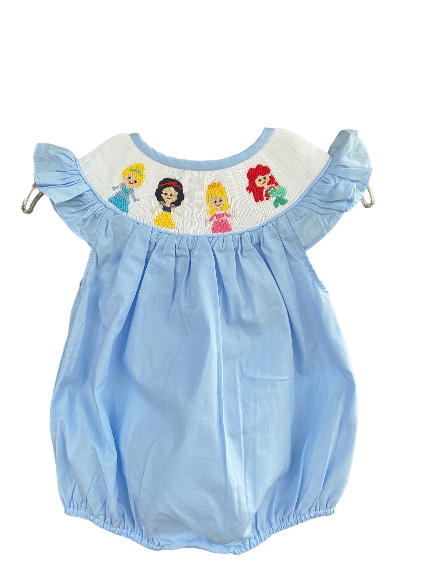 Princess Smocked Light Blue Bubble With Cap Sleeves Snaps at legs