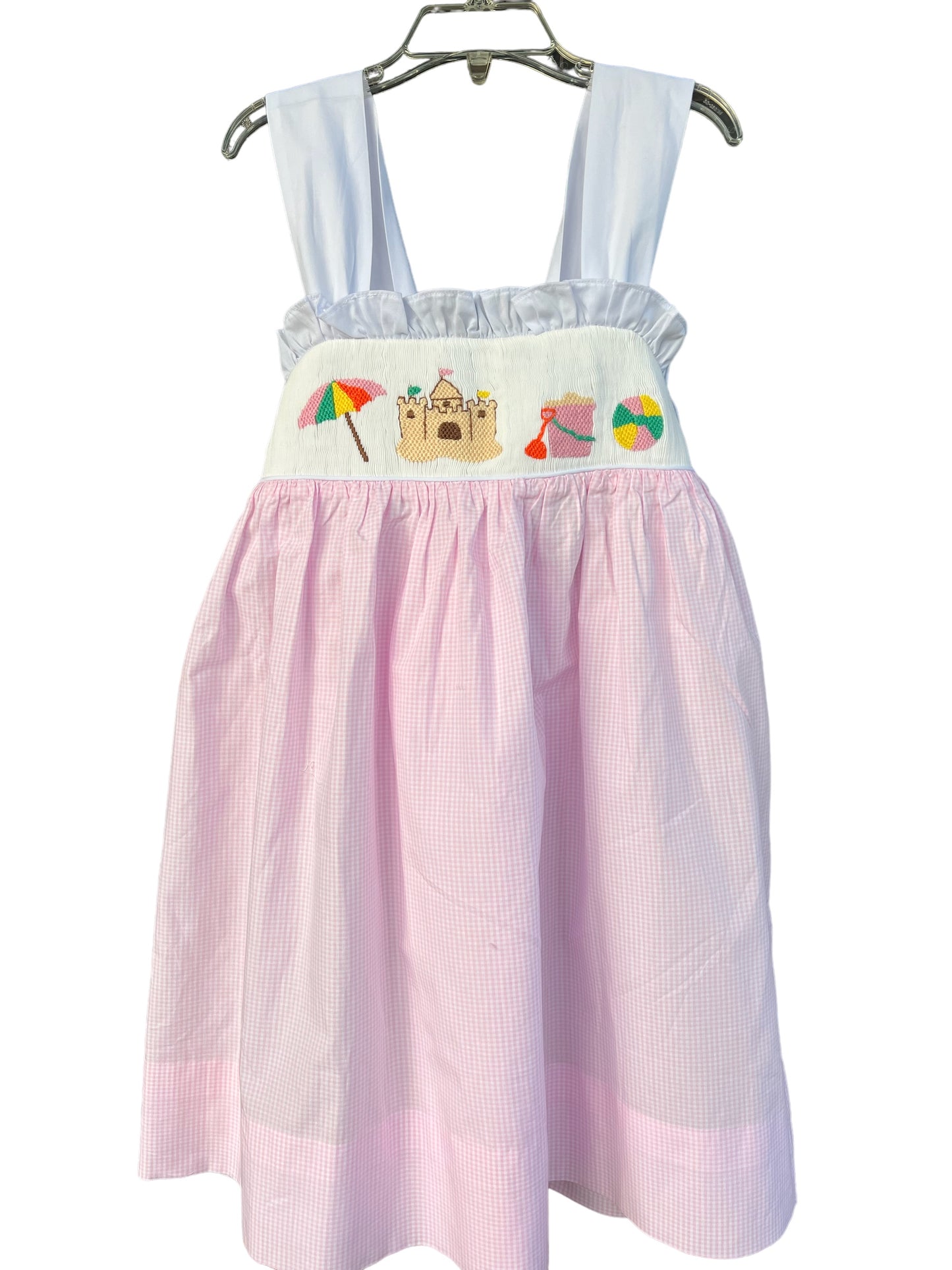 Smocked Beach Pink Gingham Dress with adjustable straps that tie in the back
