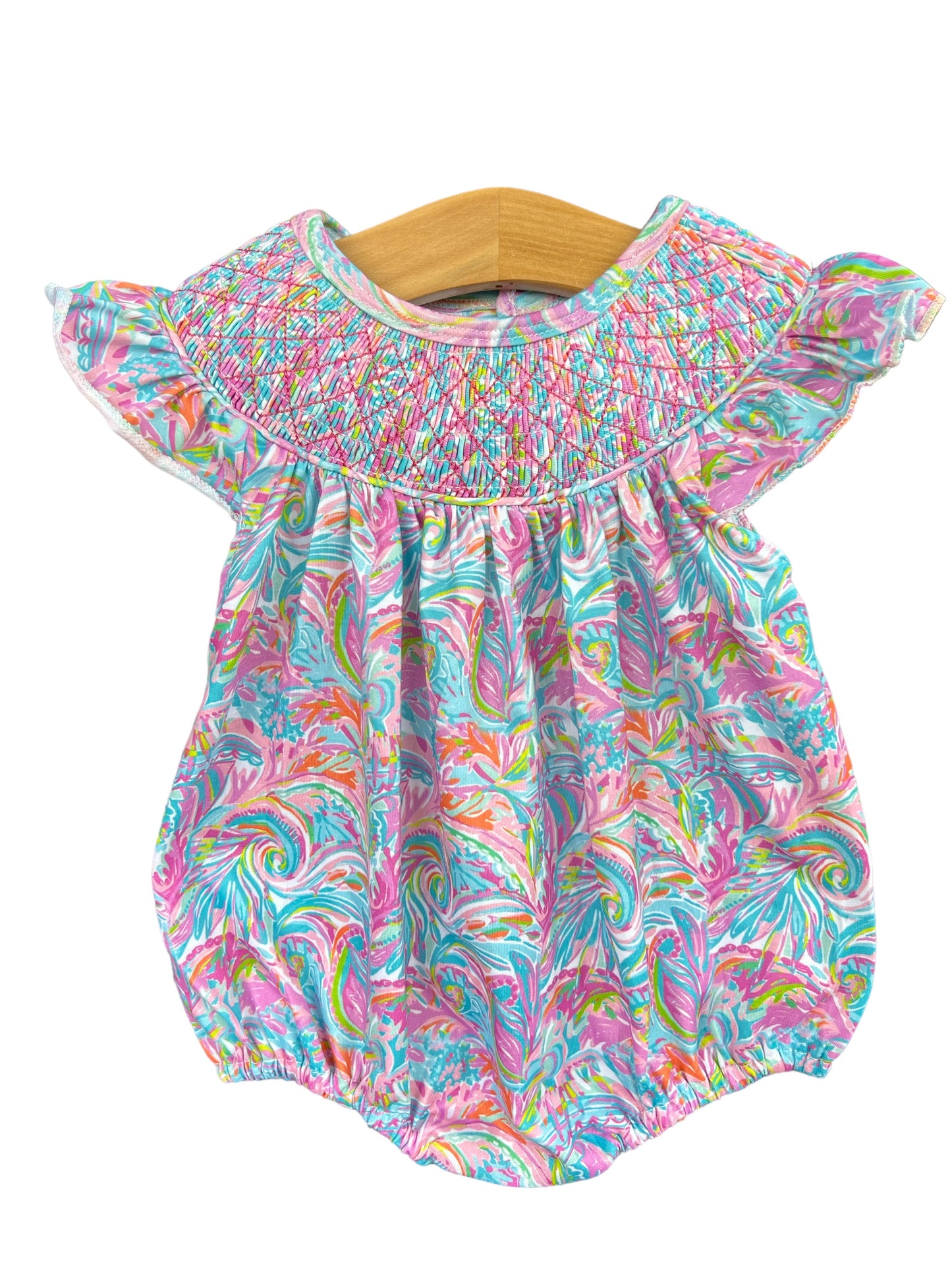 Smocked Whimsical Colorful Bubble with cap sleeves snaps at legs buttons in back