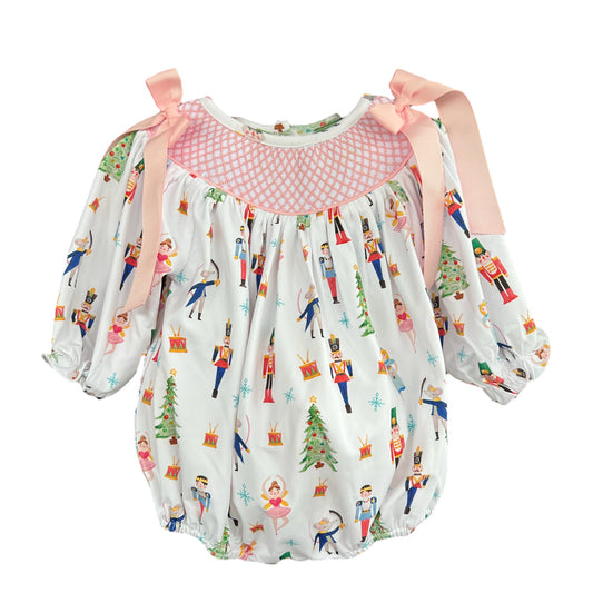 Hand Smocked Nutcracker Bubble – Holiday Girls Outfit with Shoulder Bows