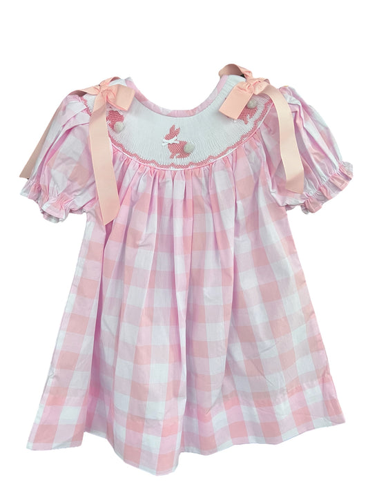 Easter Gingham Rabbit Hand-Smocked Bishop Dress