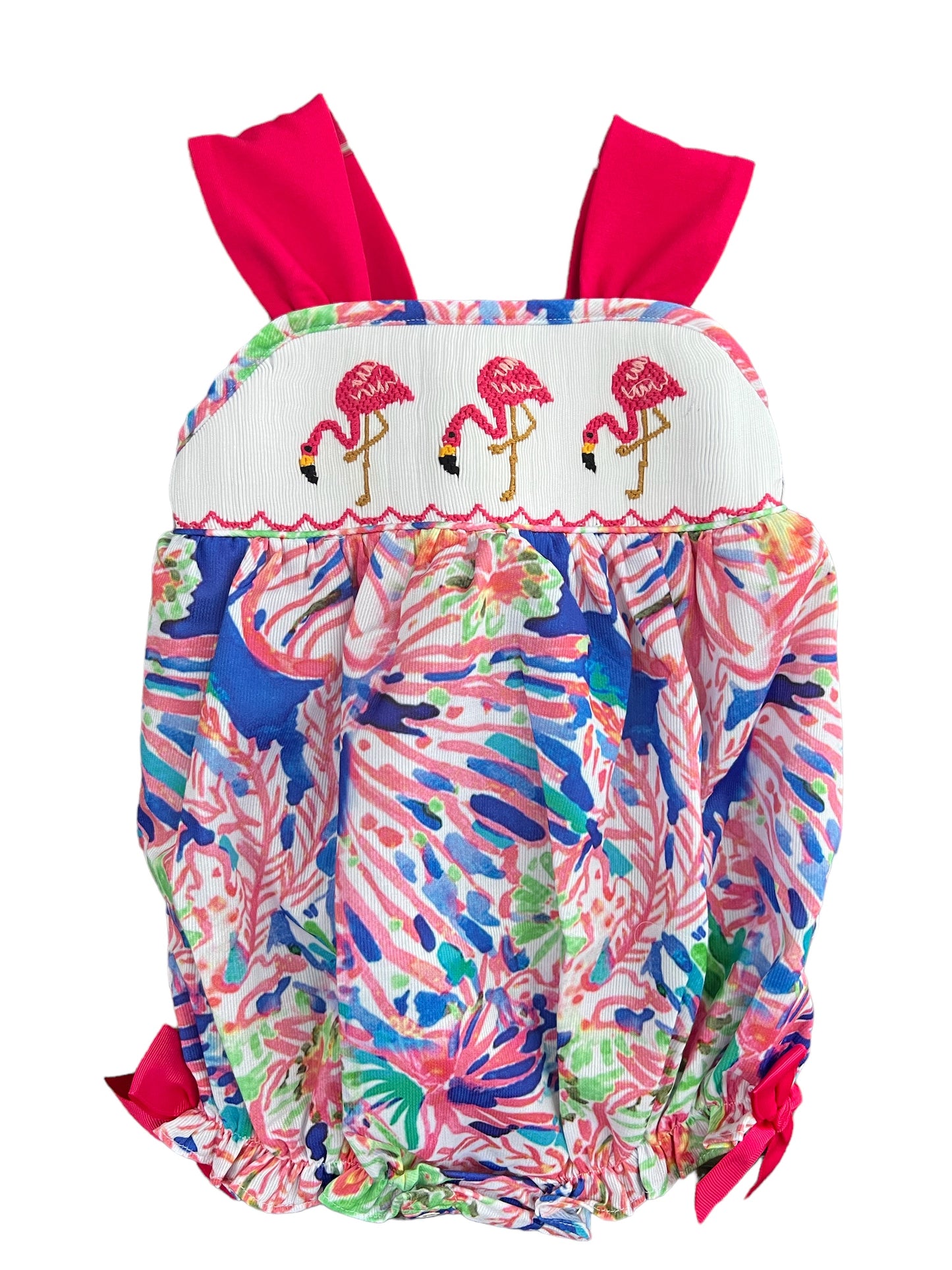 Flamingo Hand Smocked Whimsical Sunsuit Bubble