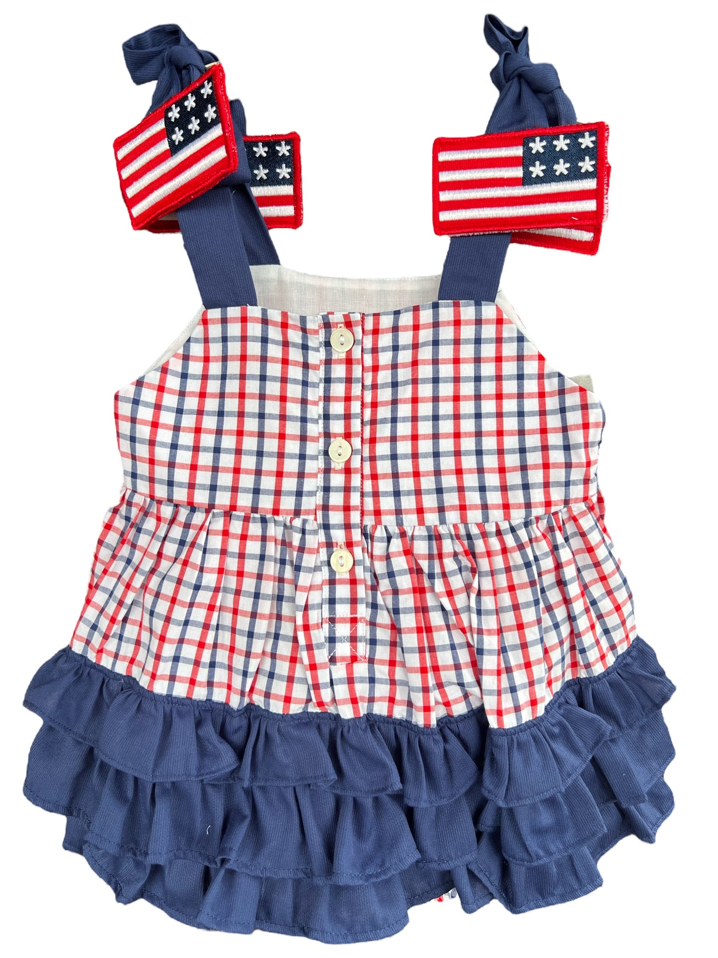 Back side plaid red, white and blue bubble with ruffles