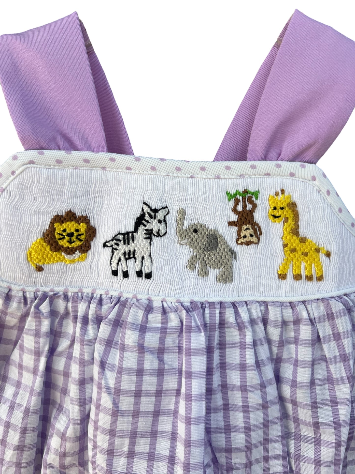Zoo Smocked Purple Gingham Bubble