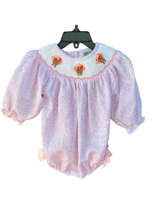Girls Hand Smocked Thanksgiving Turkey Bubble Romper-Pink Floral