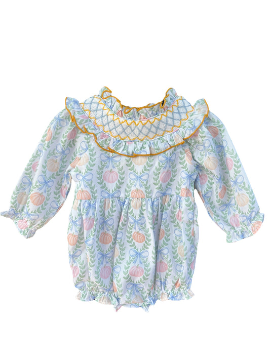 Pumpkin Print Hand Smocked Girls Bubble