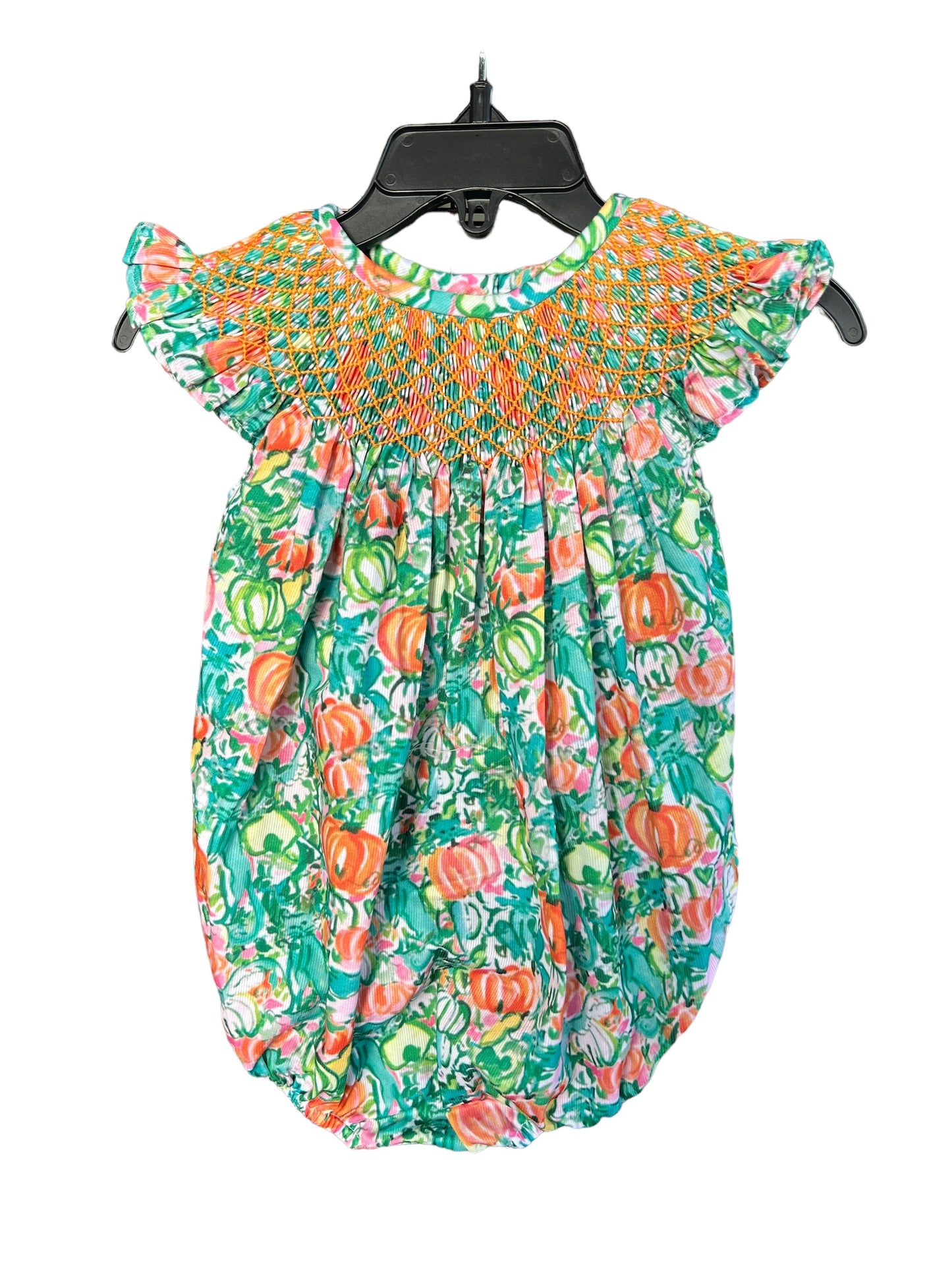 Pumpkin Print Green & Orange Hand Smocked Bubble