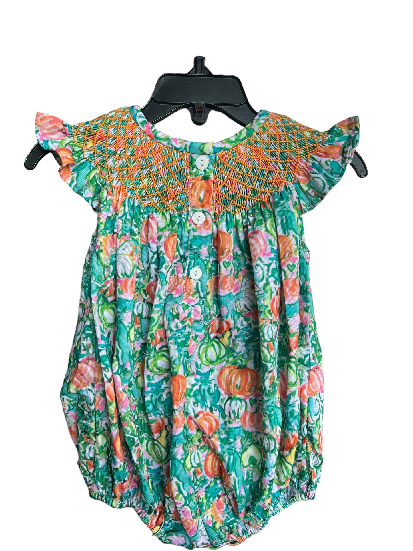 Pumpkin Print Green & Orange Hand Smocked Bubble