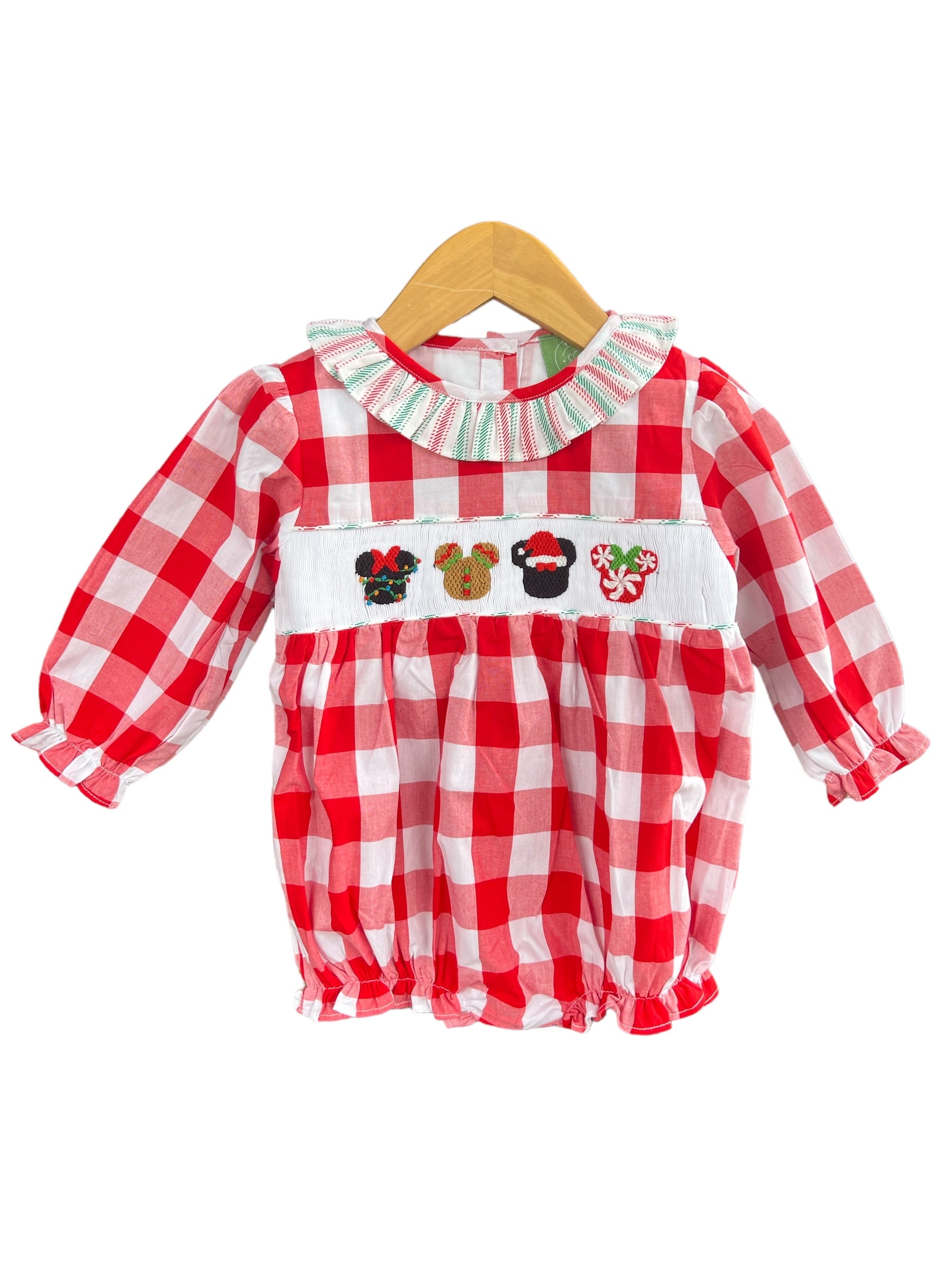 Christmas Mouse Hand Smocked Red Gingham Girls Bubble – The Sage