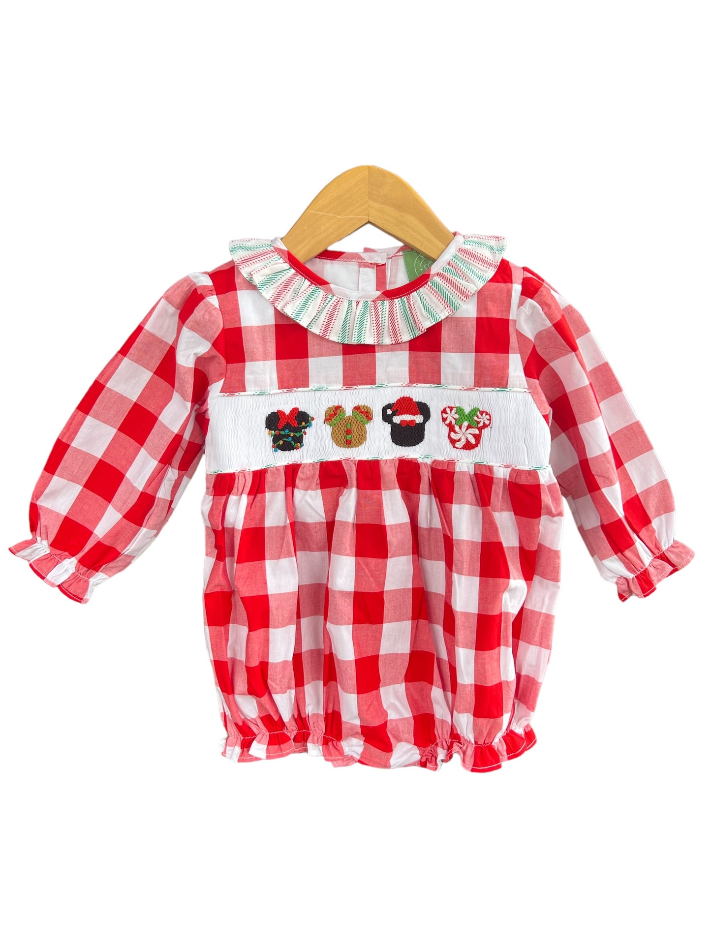 Christmas Mouse Hand Smocked Red Gingham Girls Bubble