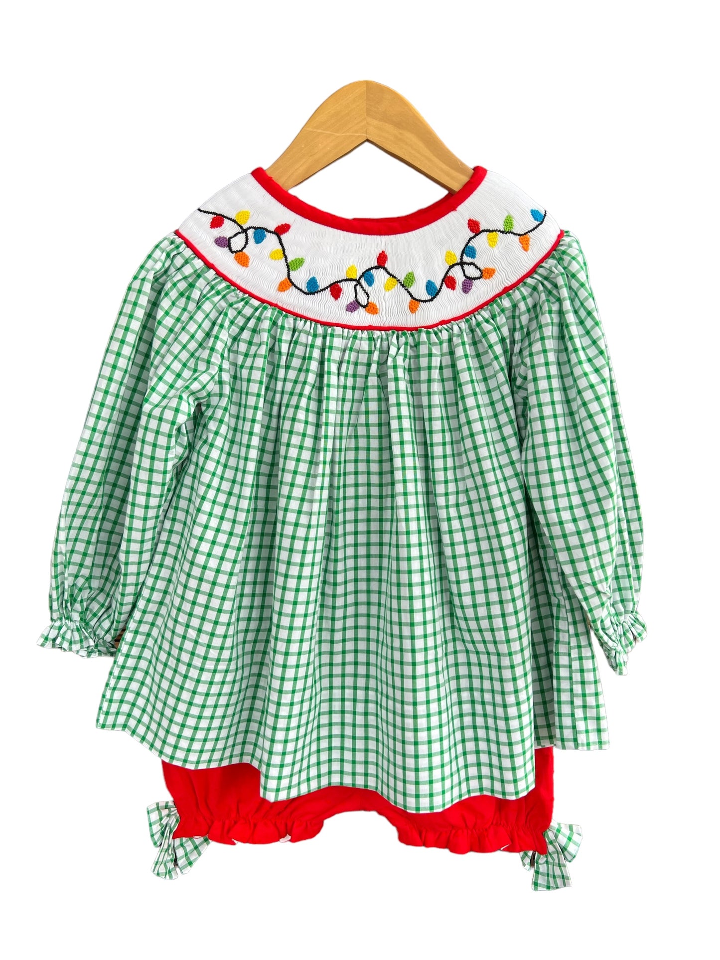 Christmas Hand Smocked Lights Green Gingham Girls Bloomer Set