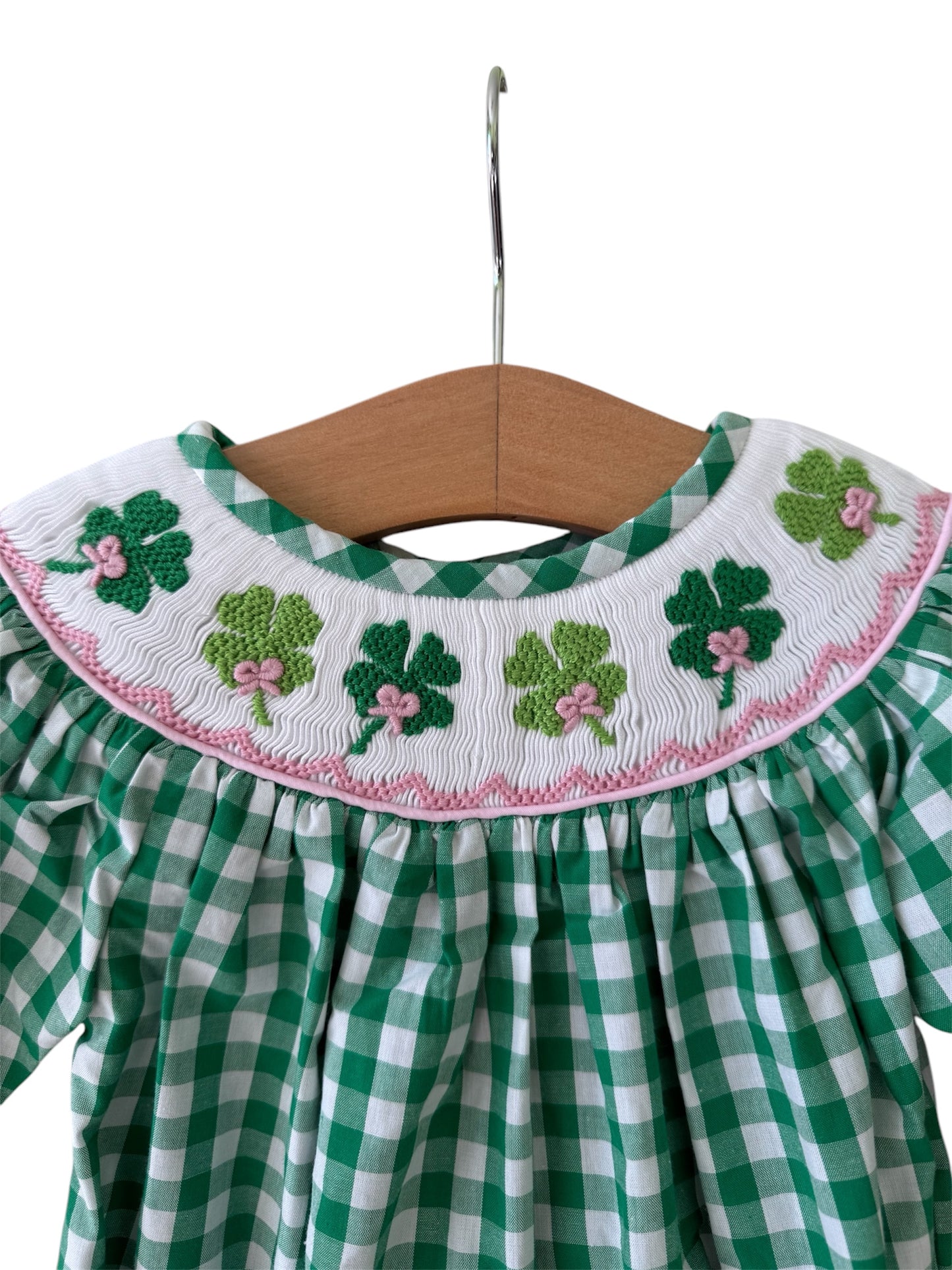 St. Patrick's Girls Hand Smocked Clover Gingham Bubble