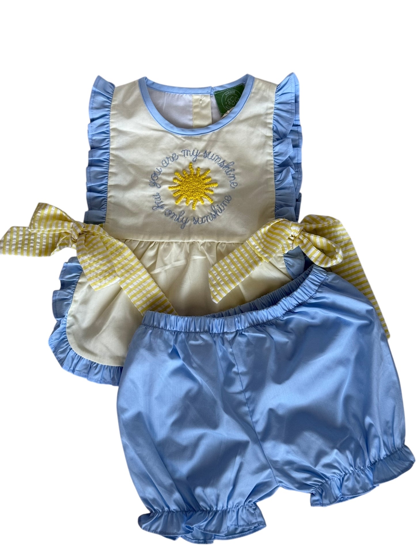 You Are My Sunshine Girls Embroidered Side Tie Bloomer Set Blue & Yellow