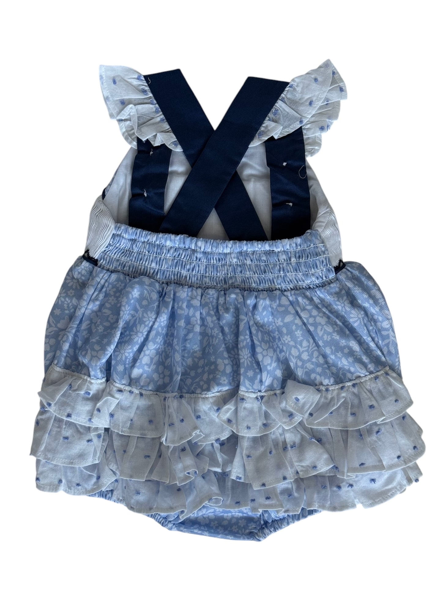 Back side of Daddy's Girl Bubble blue & white ruffle