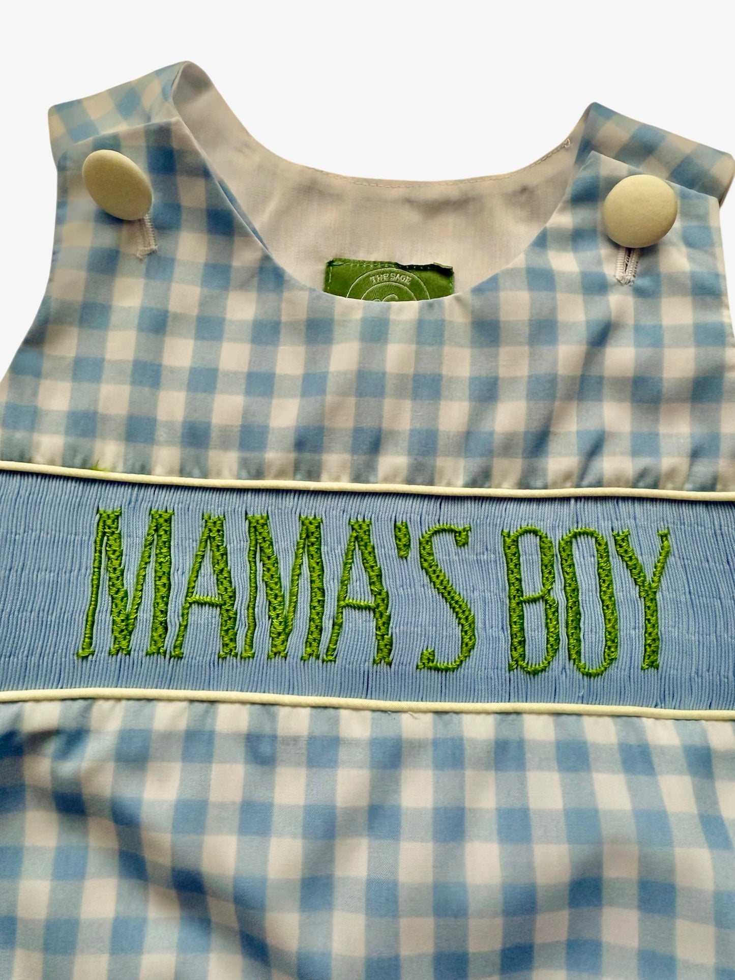 Mama’s Boy Hand Smocked Bubble | Blue Gingham Boutique Baby Outfit