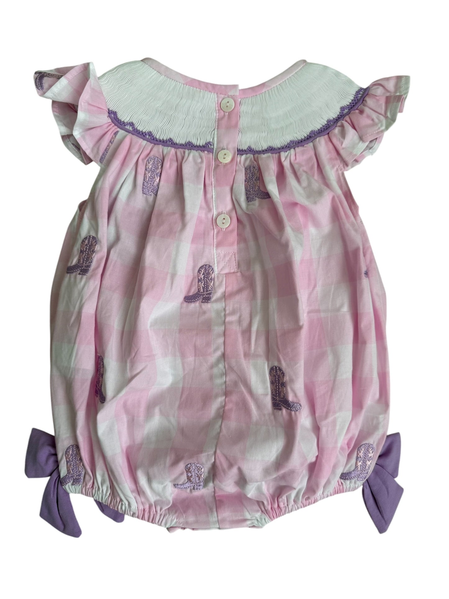 Hand Smocked Girls Gingham Bubble With Boots & Bows | Western Baby Outfit