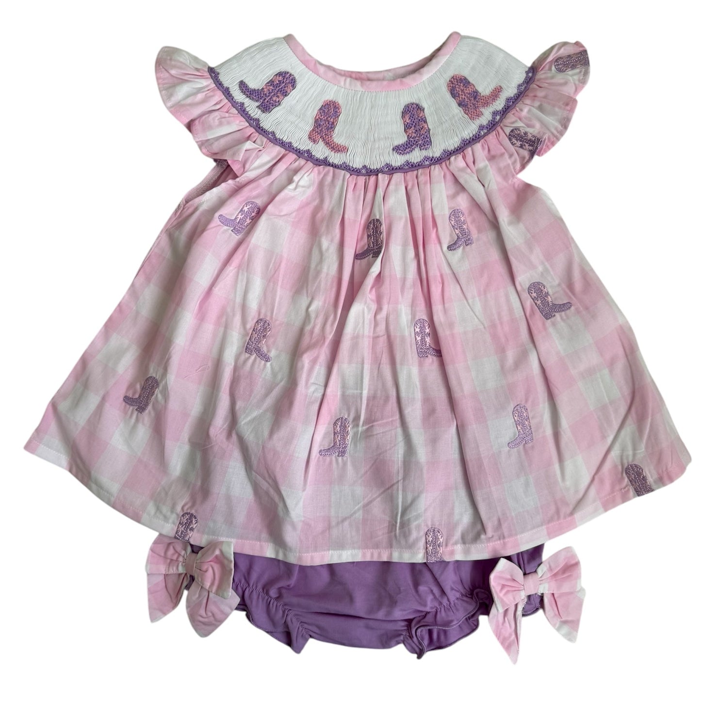 Hand Smocked Girls Gingham Bloomer Set With Boots & Bows | Western Toddler Outfit