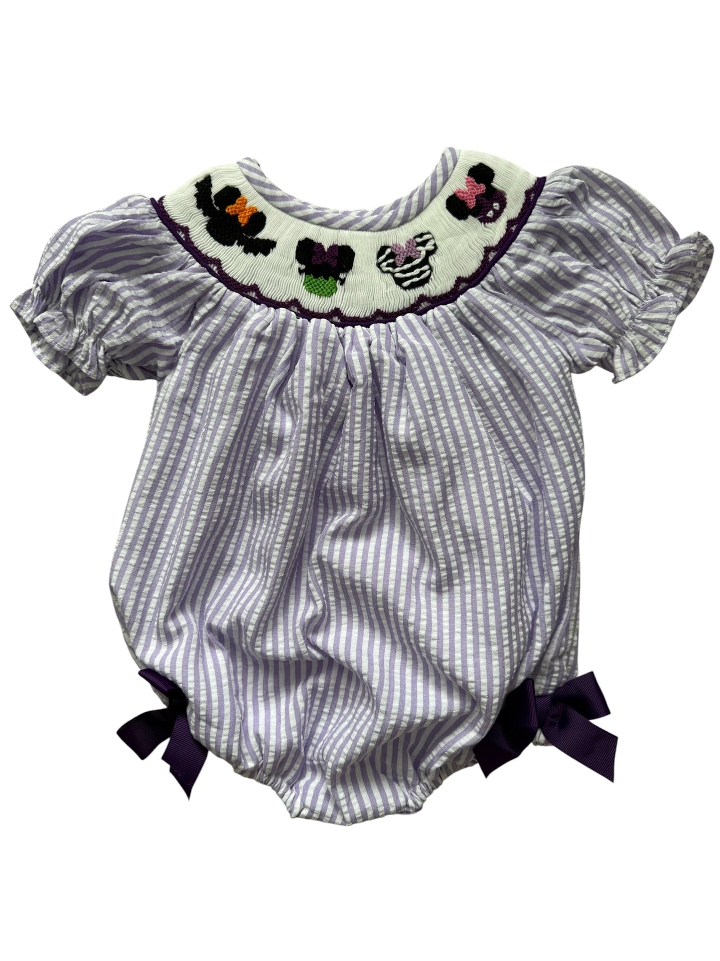 Spooky Mouse Hand Smocked Girls Bubble – Halloween Seersucker Outfit