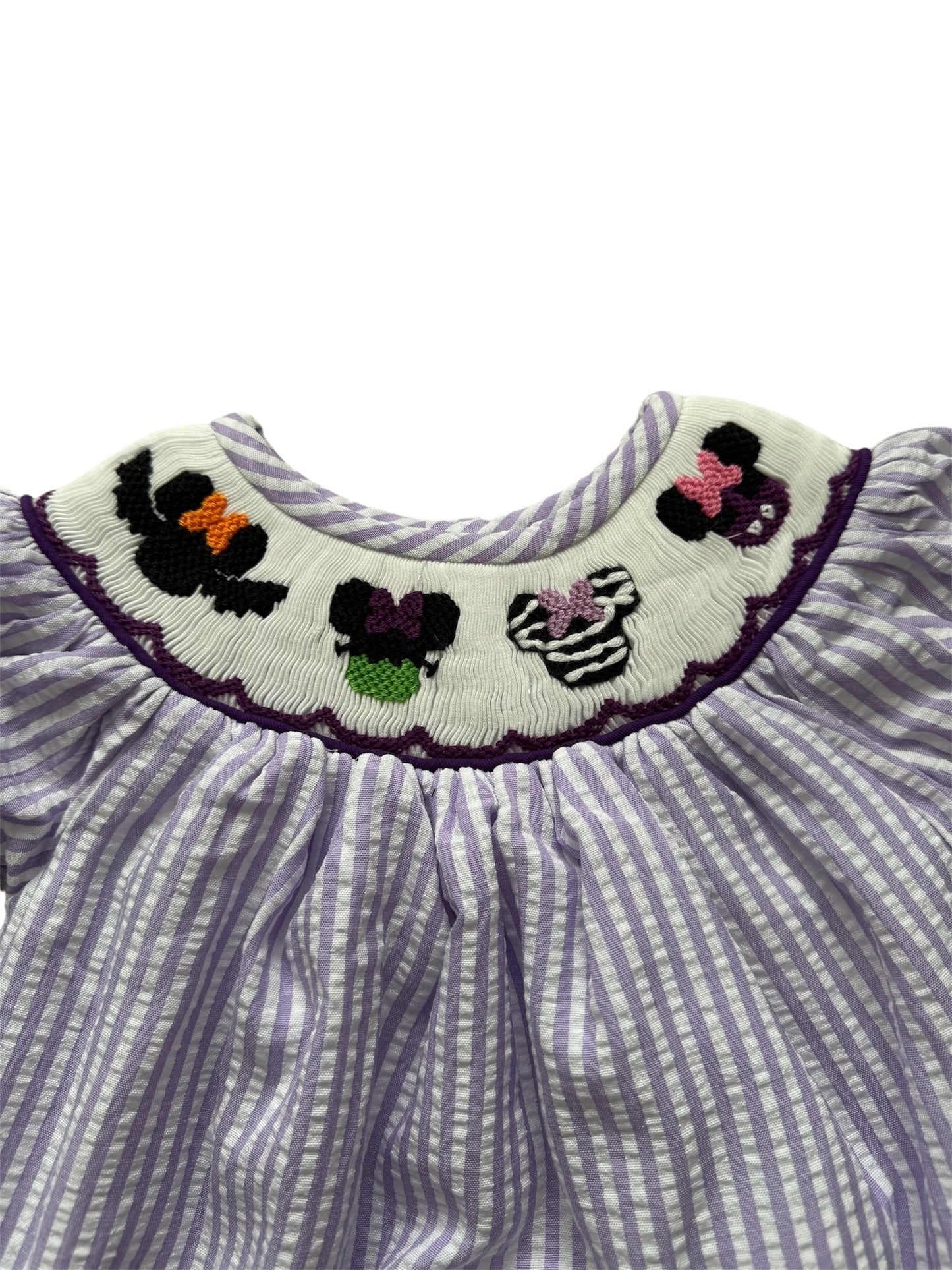 Spooky Mouse Hand Smocked Girls Bubble – Halloween Seersucker Outfit
