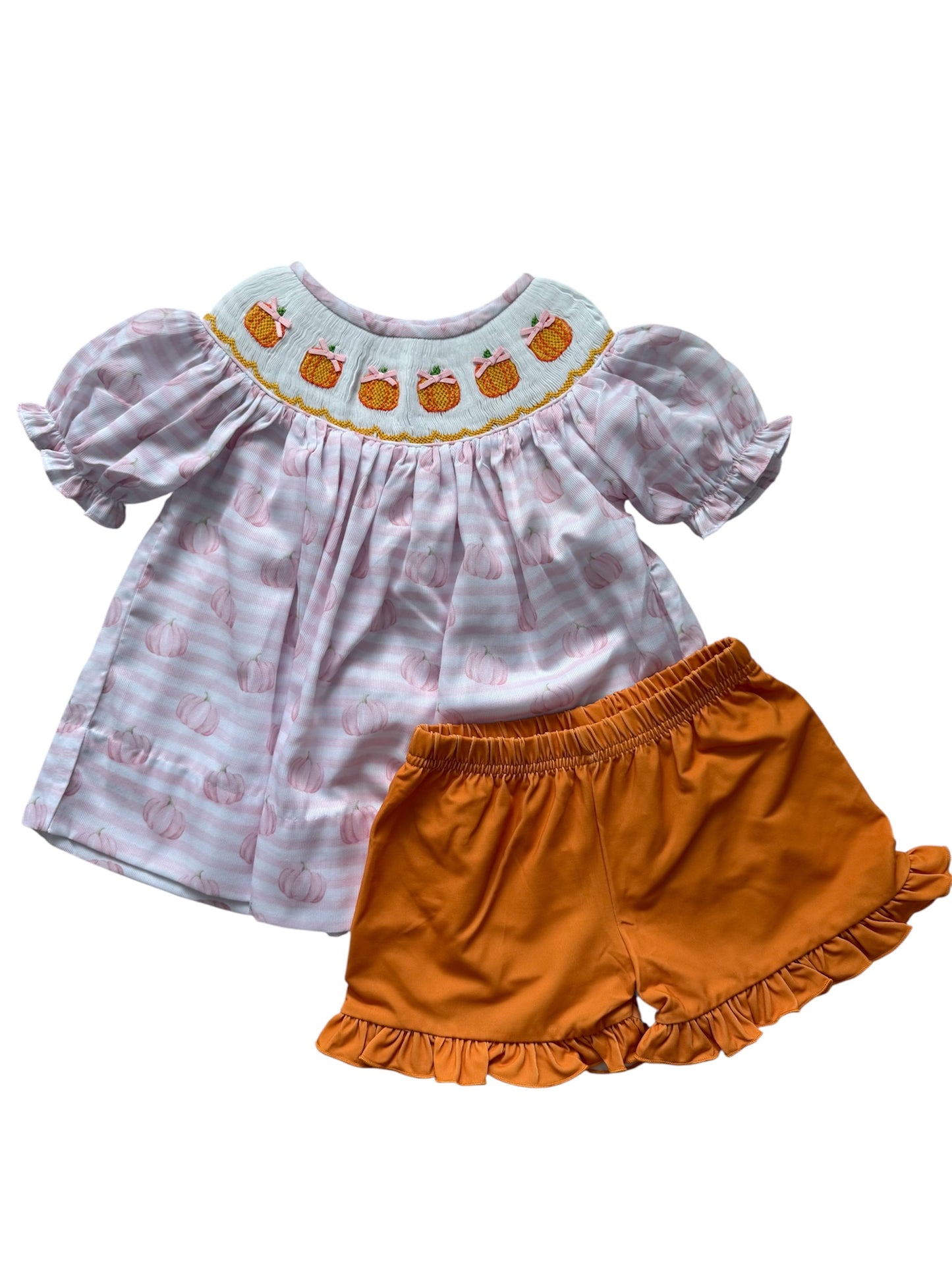 Pink & Orange Hand Smocked Pumpkin Shorts Set