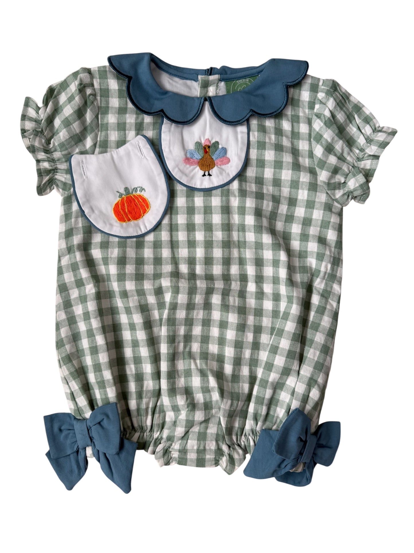 2-in-1 Fall Pumpkin & Turkey Gingham Girl's Bubble | Thanksgiving Outfit