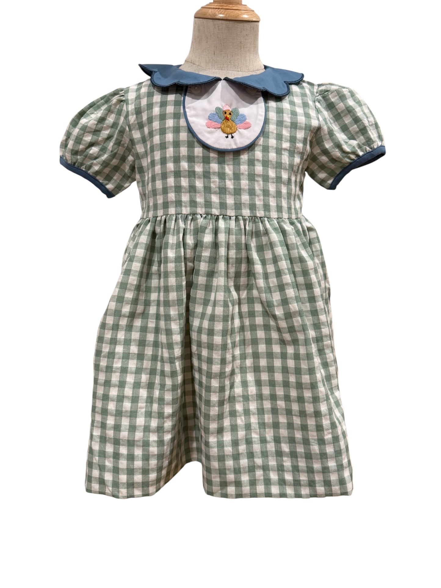2-in-1 Girls Gingham Holiday Dress with Pumpkin & Turkey Collars