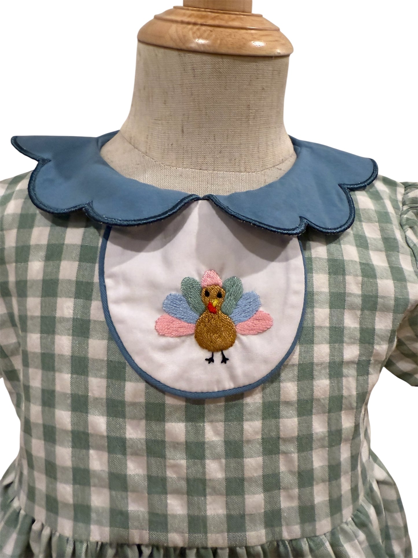 2-in-1 Girls Gingham Holiday Dress with Pumpkin & Turkey Collars