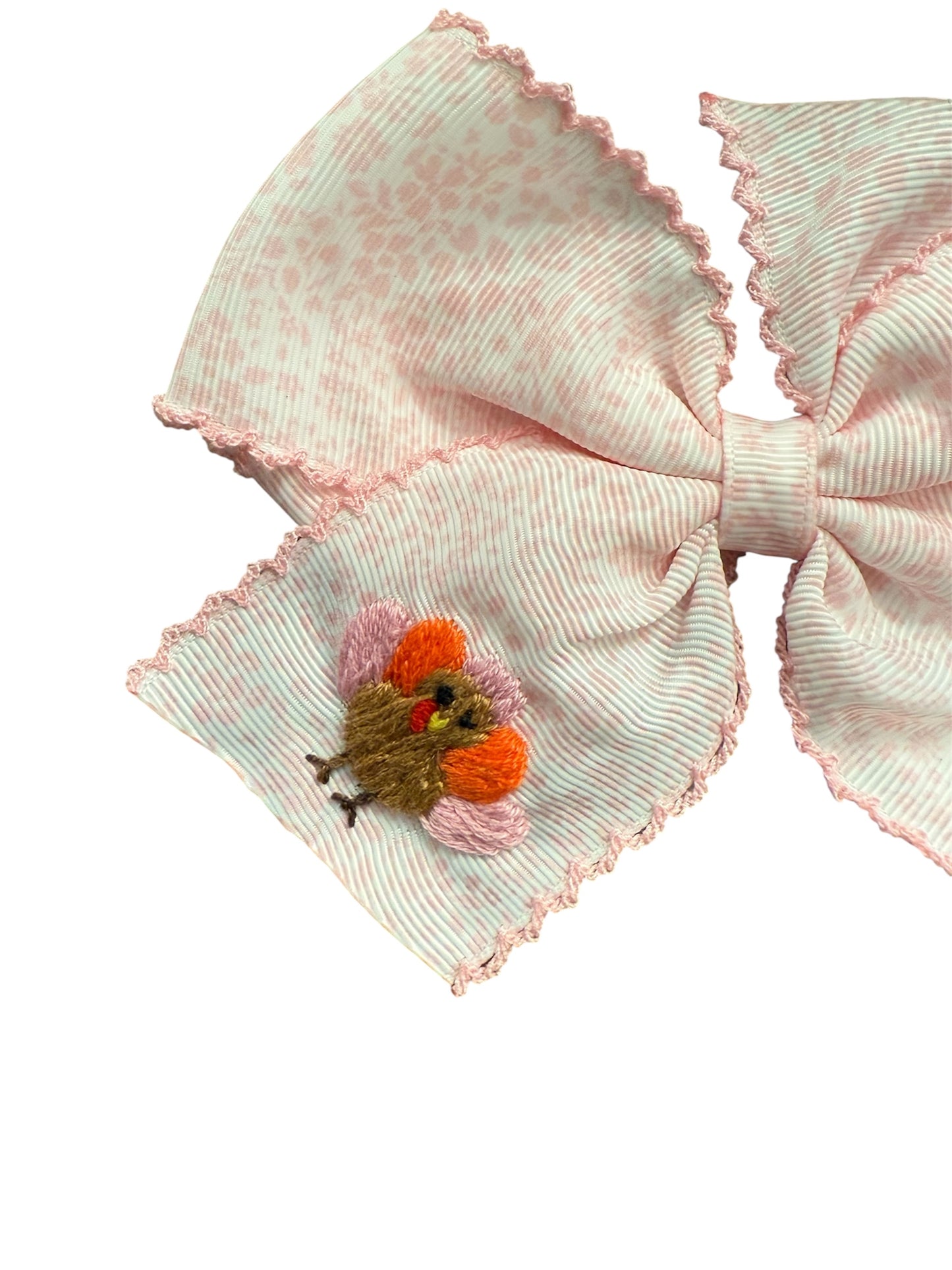 Pink Turkey Embroidered Hair Bow | Baby & Toddler Girls Thanksgiving Accessory