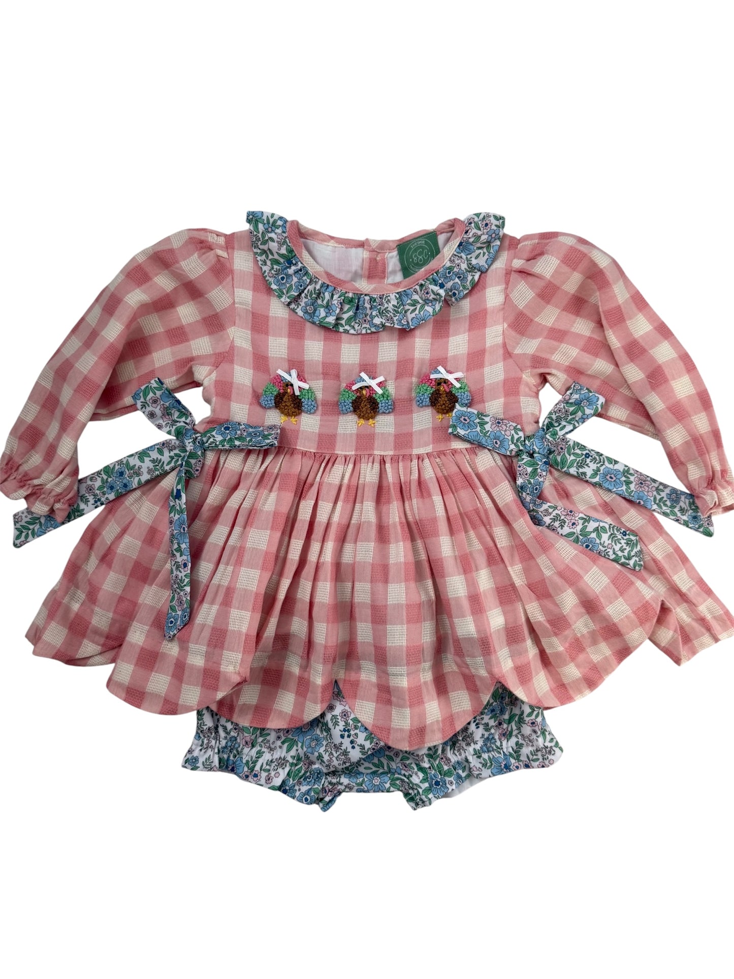 Gingham & Floral French Knot Girls Turkey Bloomer Set | Toddler Thanksgiving Outfit