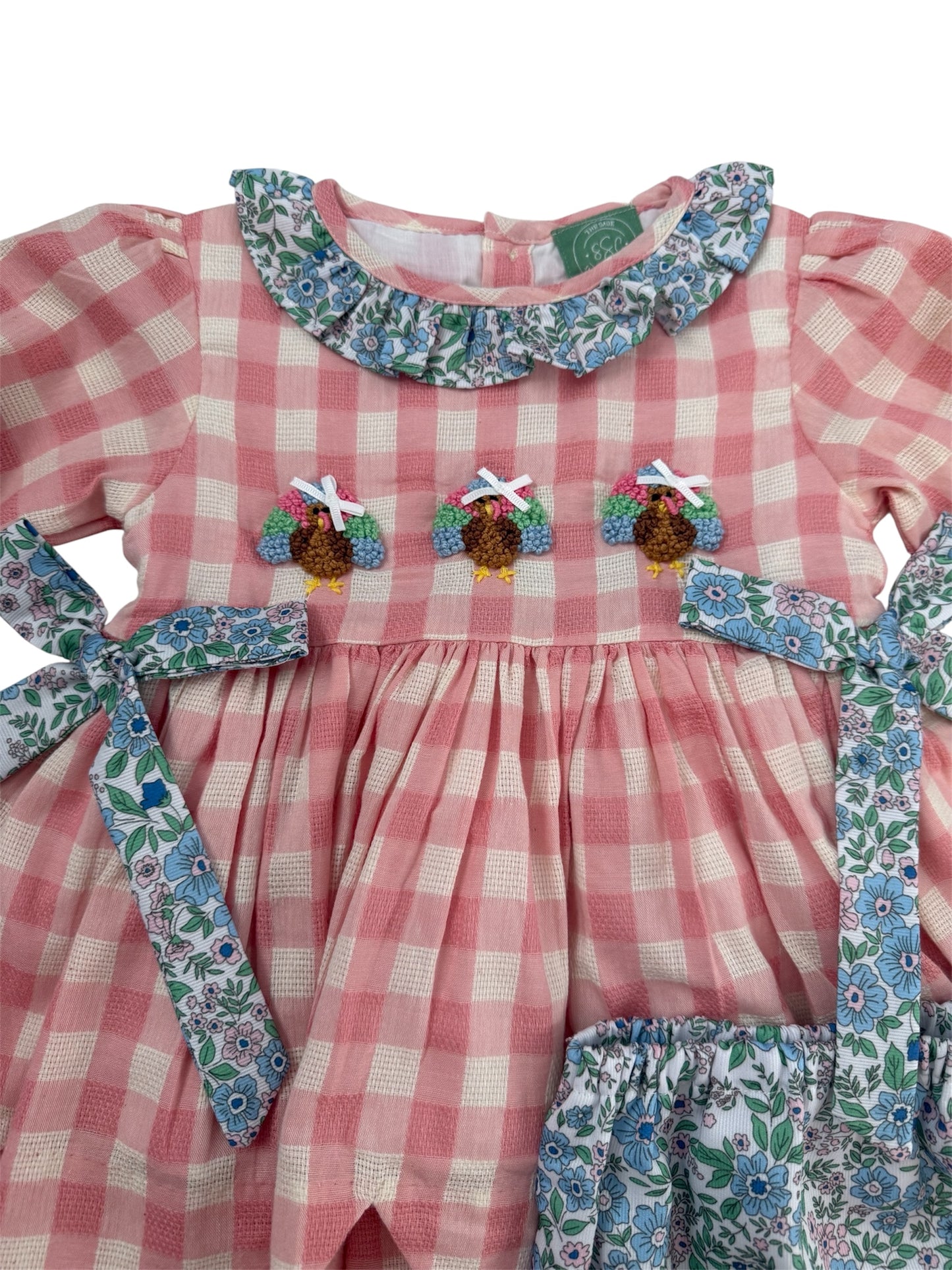 Gingham & Floral French Knot Girls Turkey Bloomer Set | Toddler Thanksgiving Outfit
